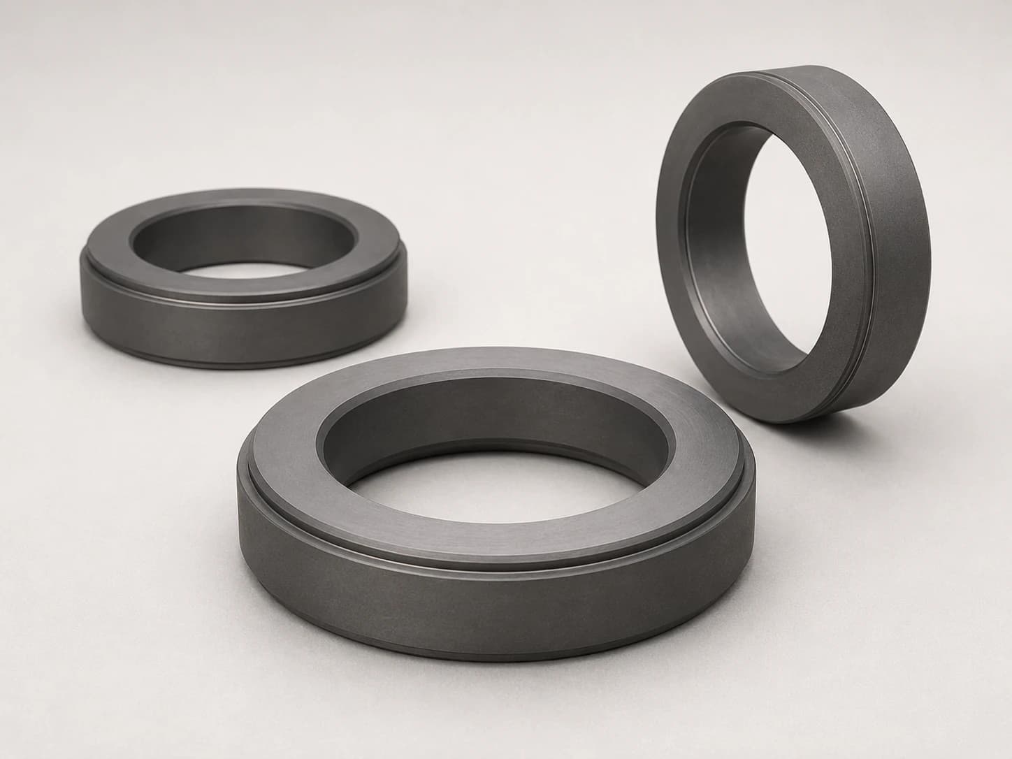 Three dark silicon carbide mechanical seal rings arranged on a neutral background