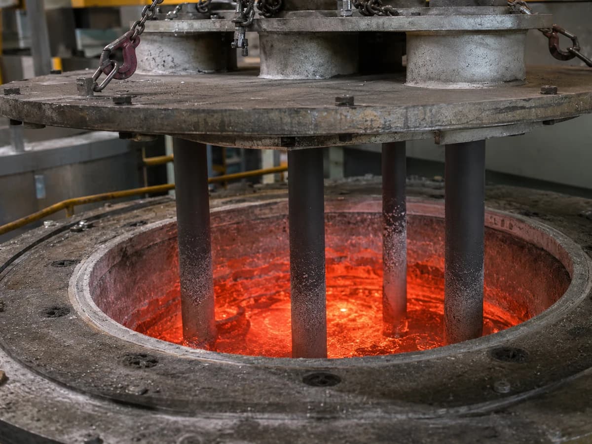 Ceramic protection tubes positioned in an industrial molten-metal casting furnace
