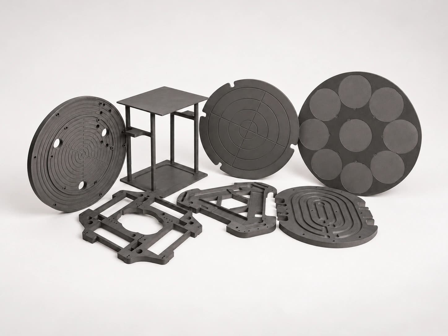 Illustrative silicon carbide discs, trays and fixture frame, centered as a seven-piece group