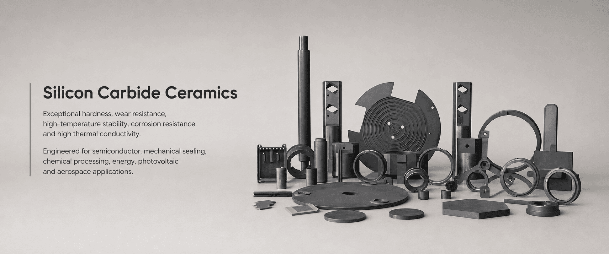 Silicon carbide ceramic components arranged on a neutral studio background