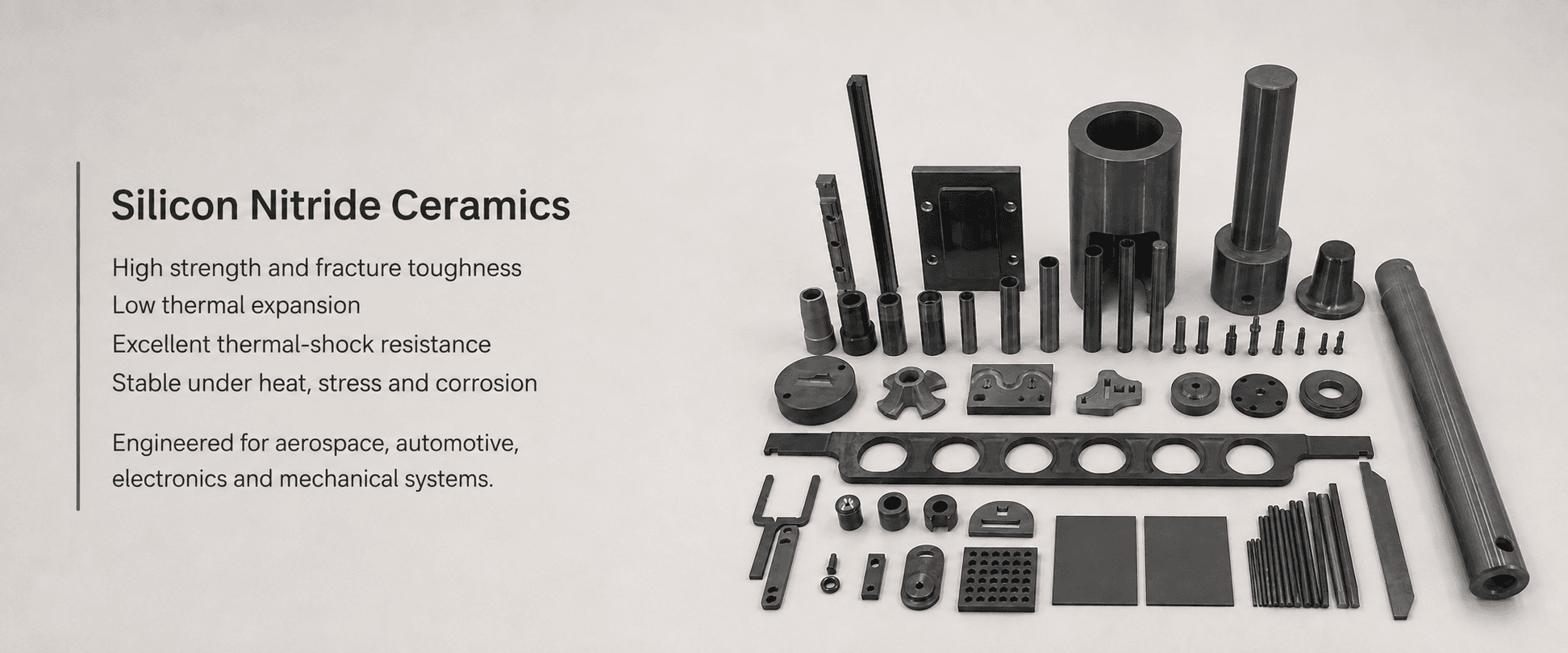 Silicon nitride ceramic components arranged on a neutral studio background