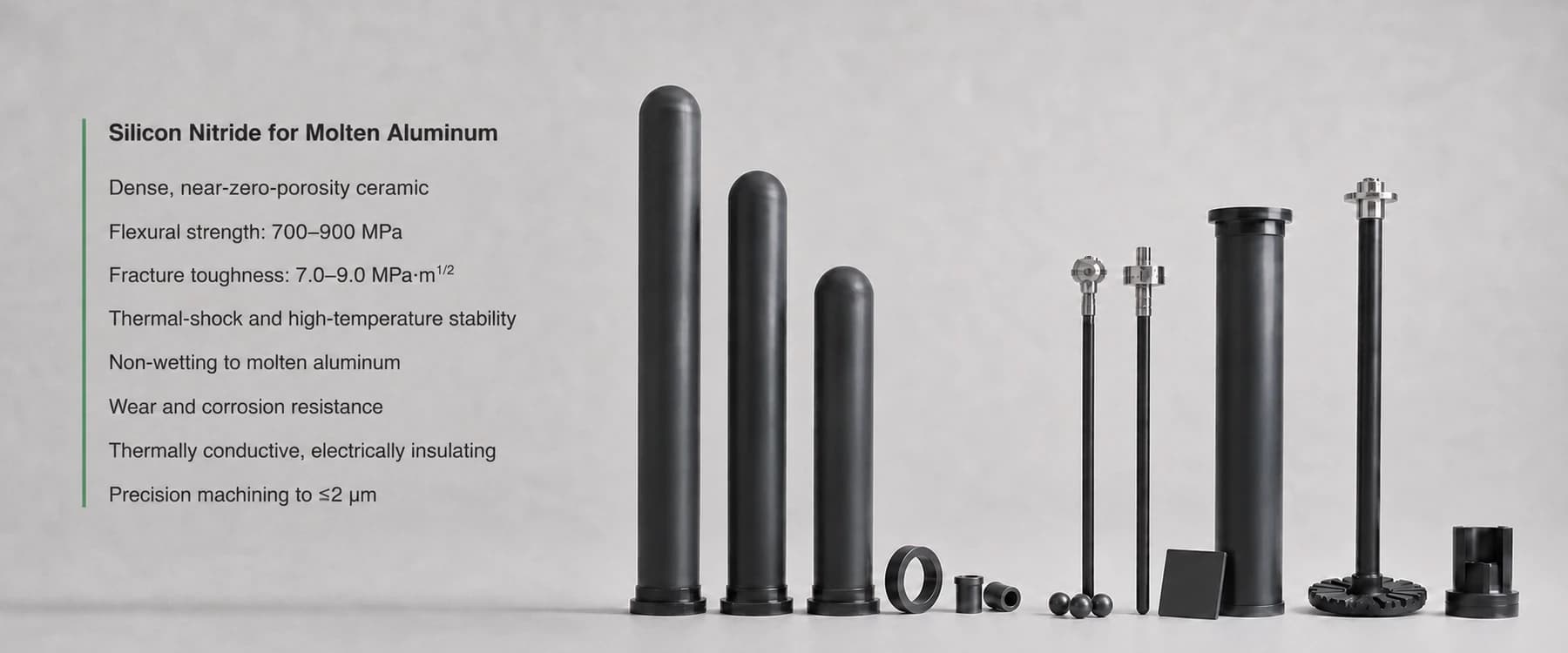 Silicon nitride protection tubes, riser tube, degassing rotor and precision components for molten aluminum
