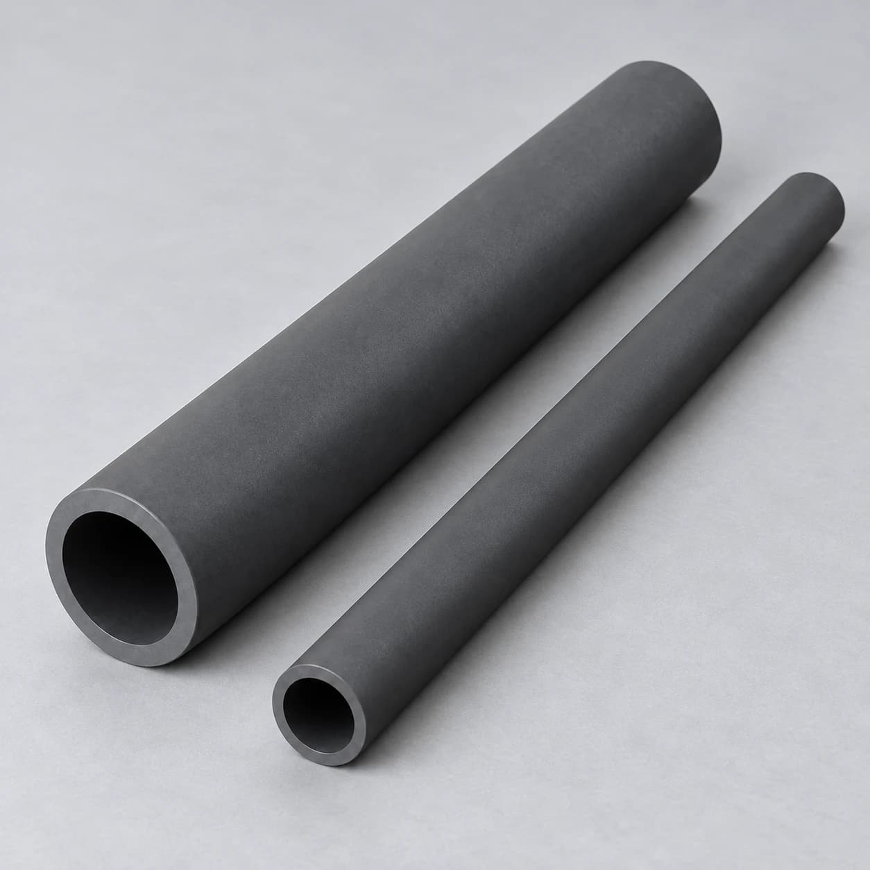 Conceptual family of straight silicon carbide ceramic tubes with visible hollow near ends