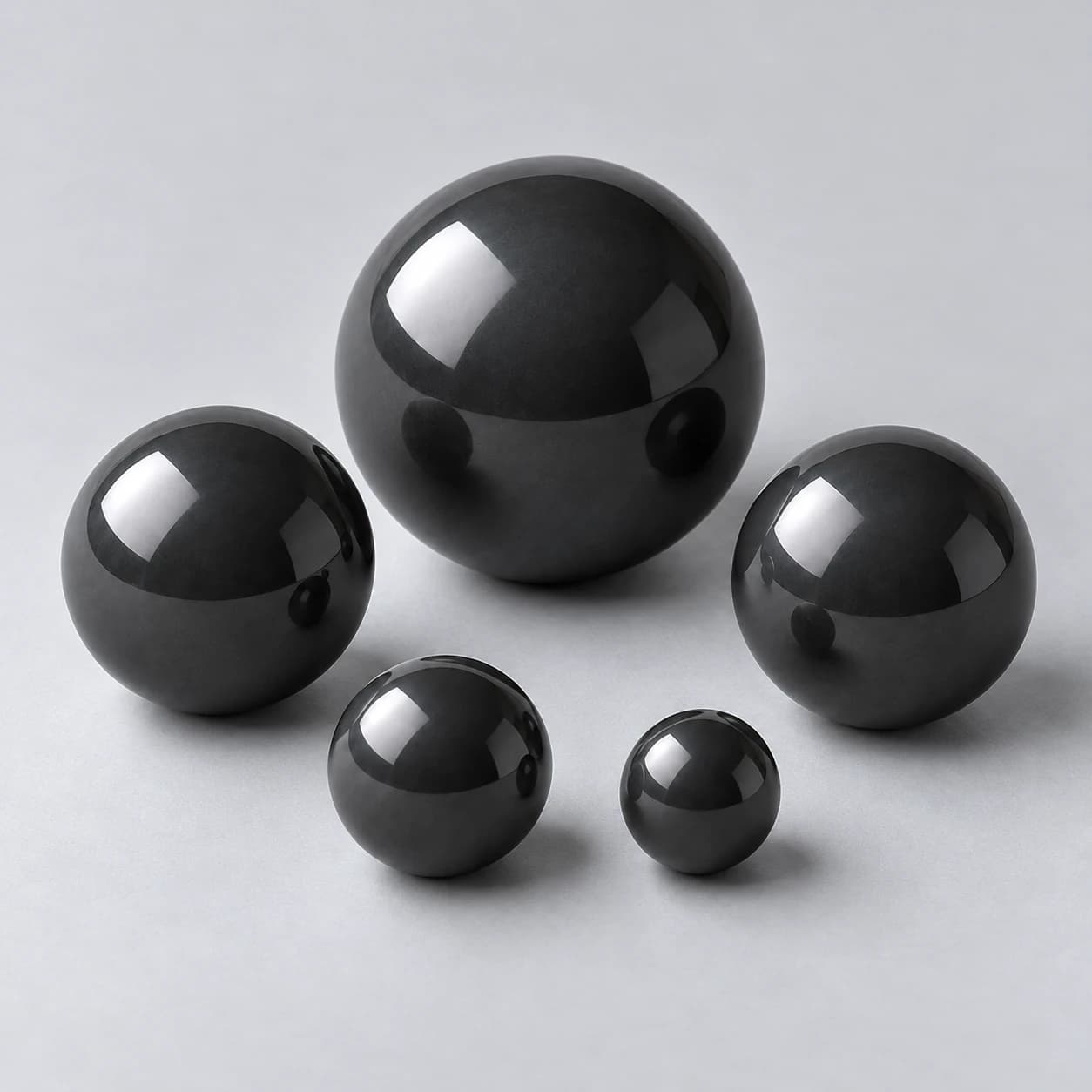 Conceptual family of five silicon nitride bearing balls in different relative sizes