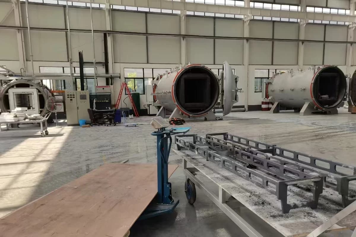 Open industrial furnaces beside loading frames in the workshop