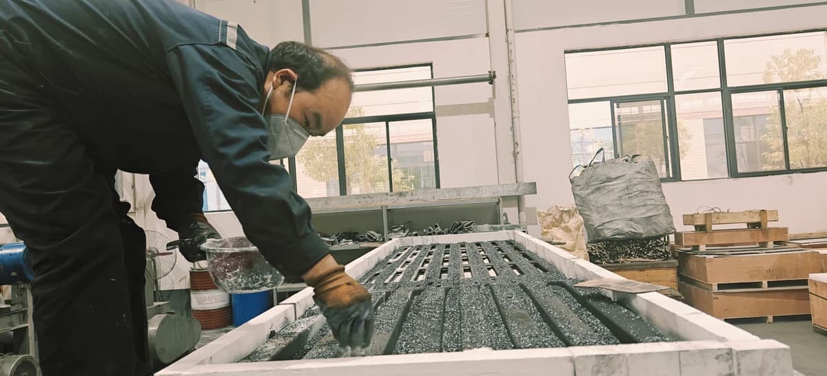 A workshop team member preparing long components on a loading bed