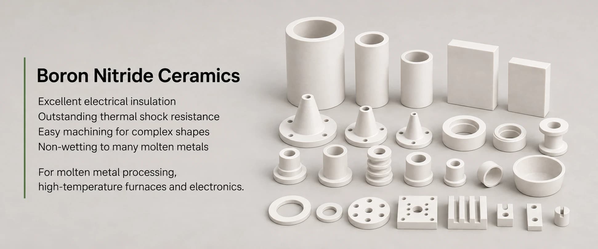 Boron nitride ceramic nozzles, rings, insulators and machined components