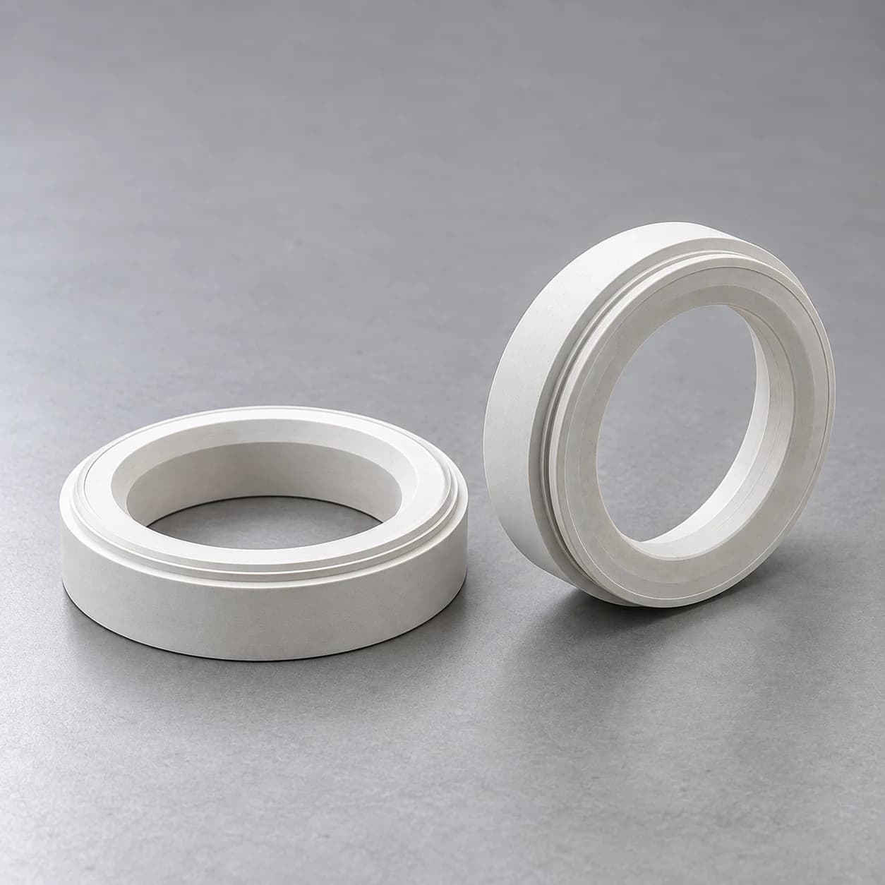 Two boron nitride break rings in face and angled views