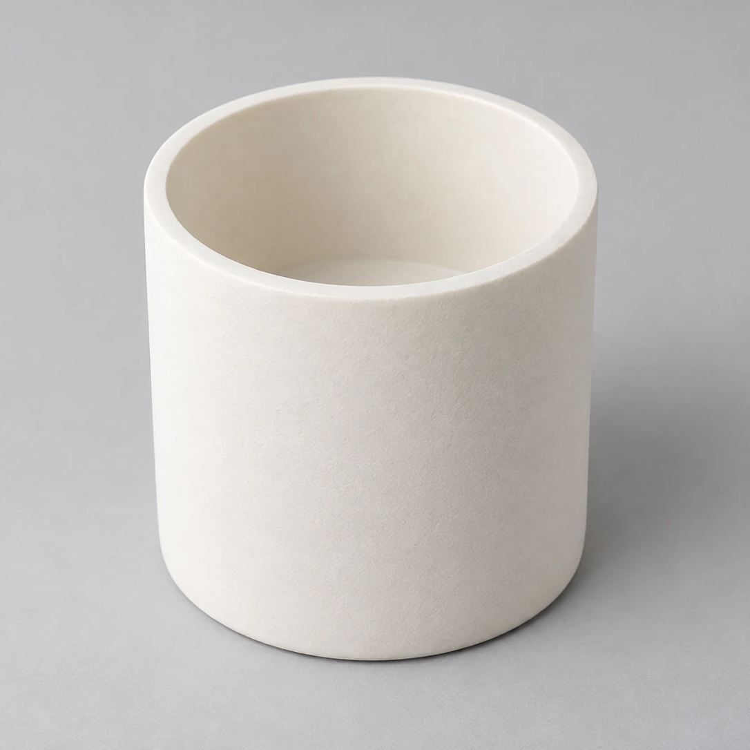 Conceptual cylindrical alumina crucible showing an open rim and closed bottom
