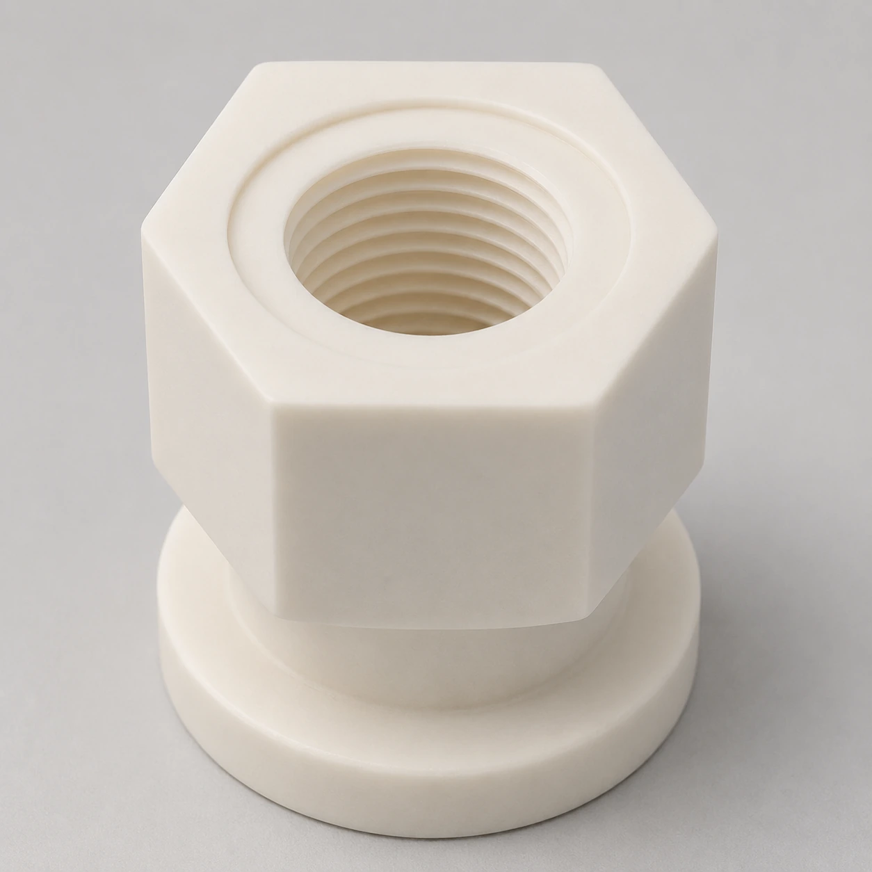 Close-up of the internal thread and hexagonal profile of an alumina custom component
