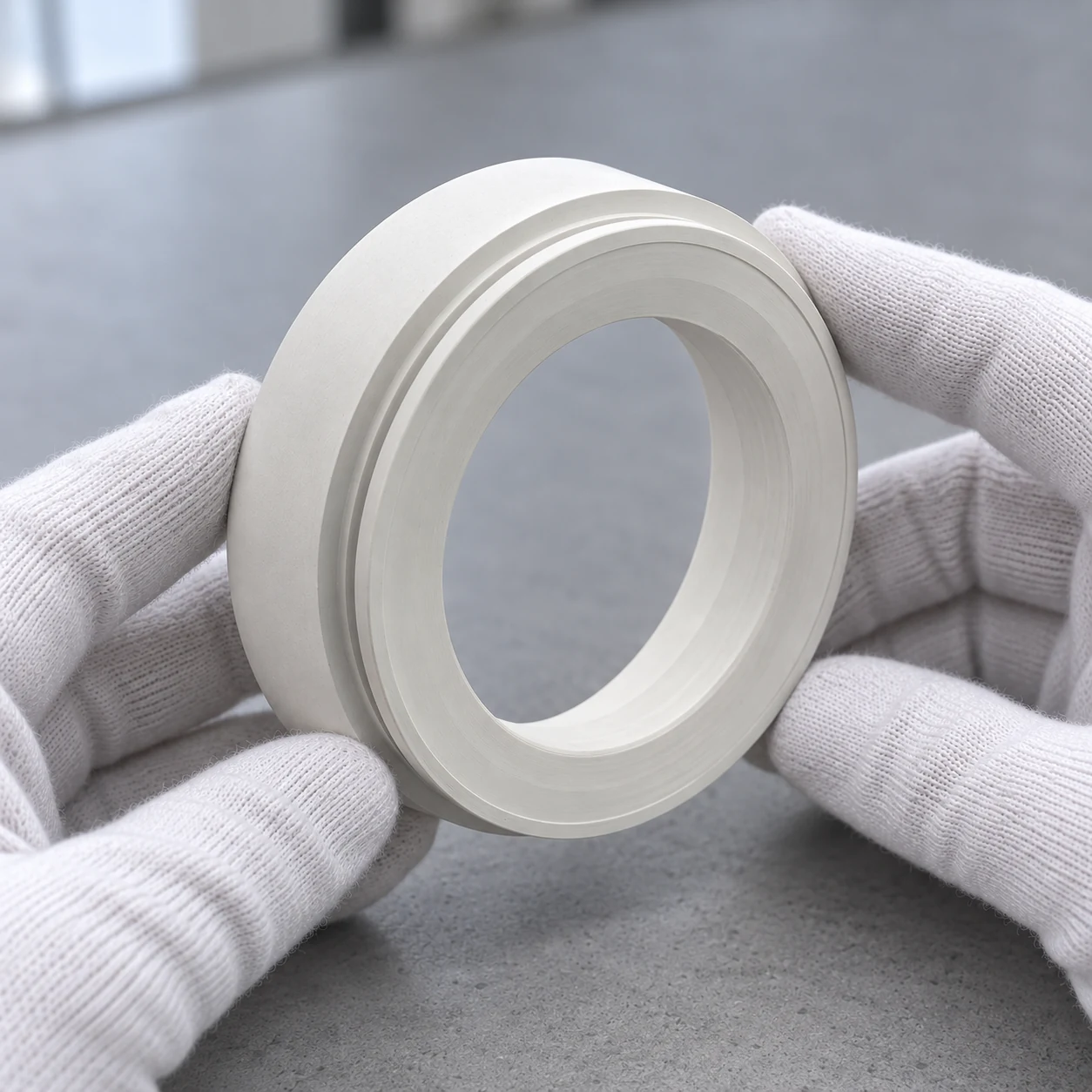 Hand-held boron nitride break ring showing the stepped profile