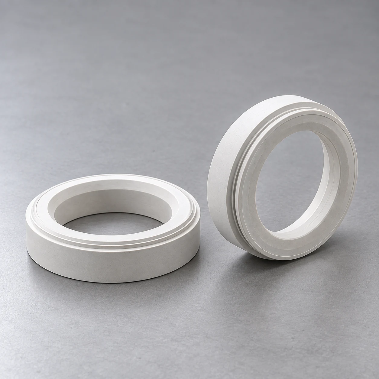 Two boron nitride break rings in face and angled views