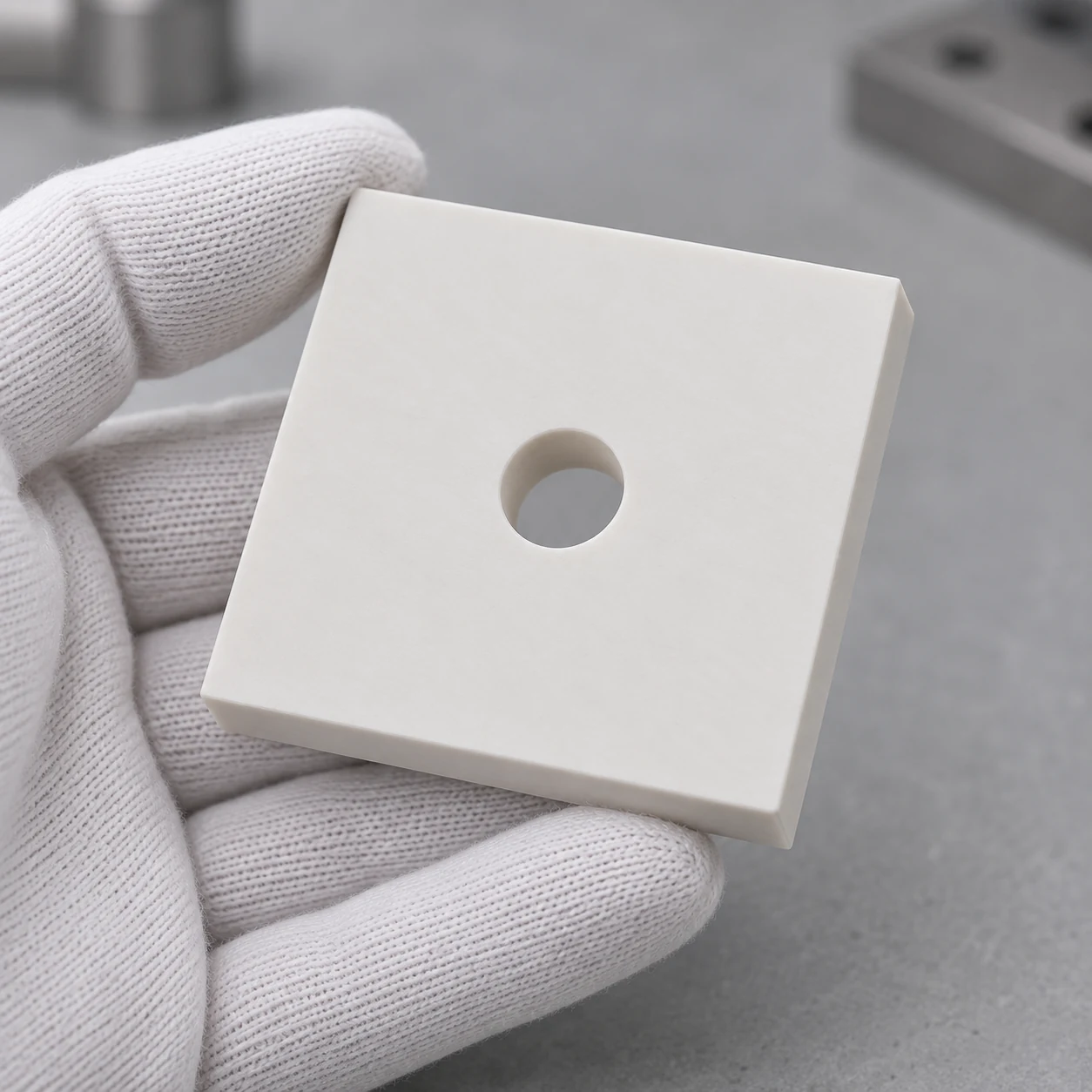 Hand-held boron nitride plate with a central hole