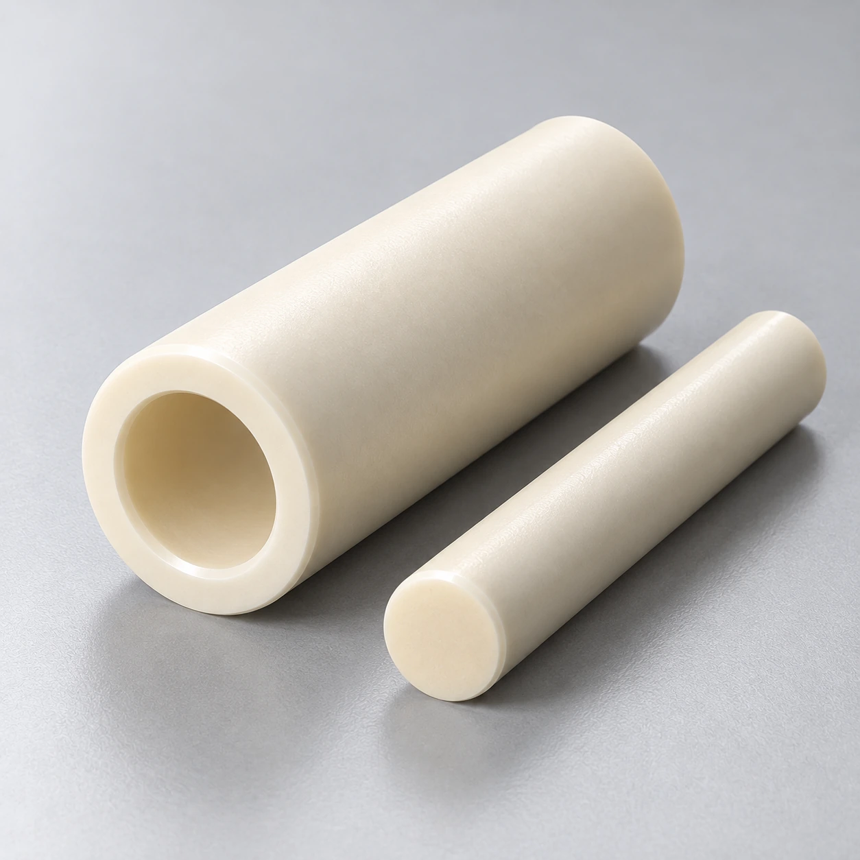 Close view of a ceramic cylinder opening beside a separate piston