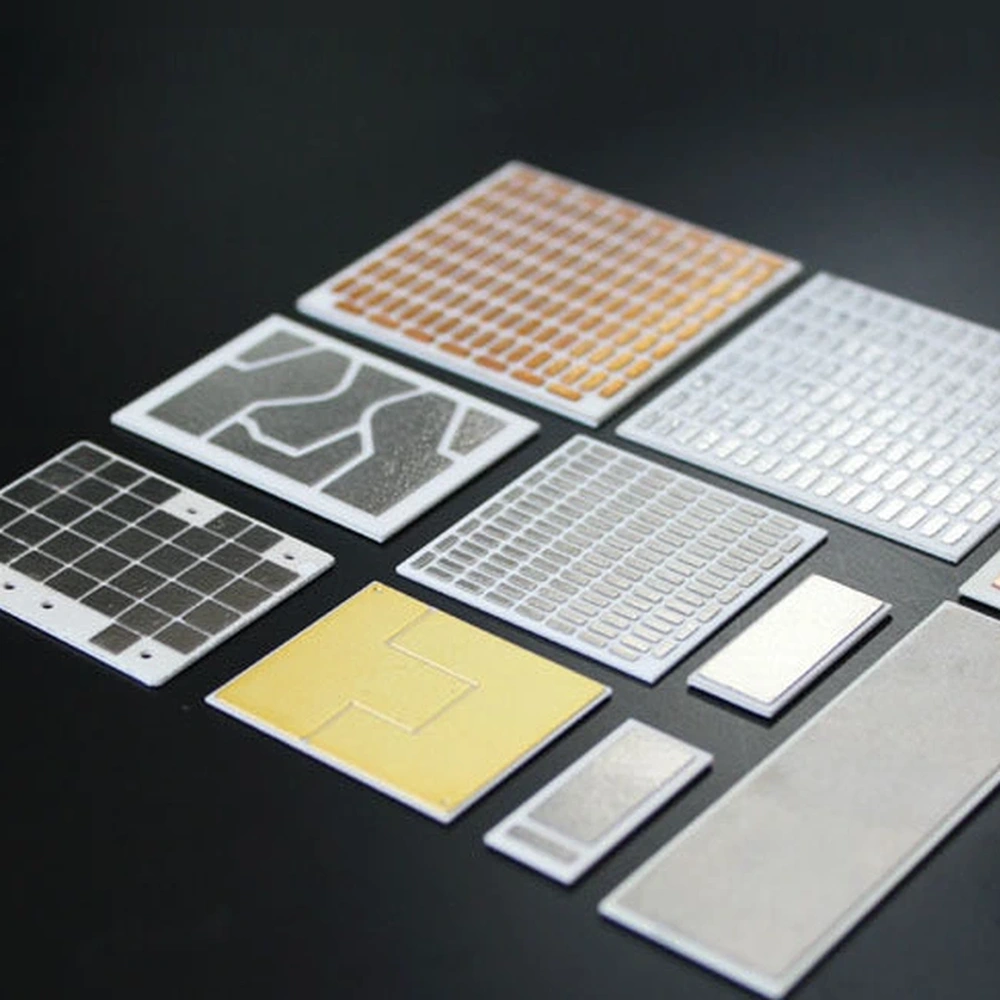 Detail view of dBC ceramic substrate samples with different metal patterns