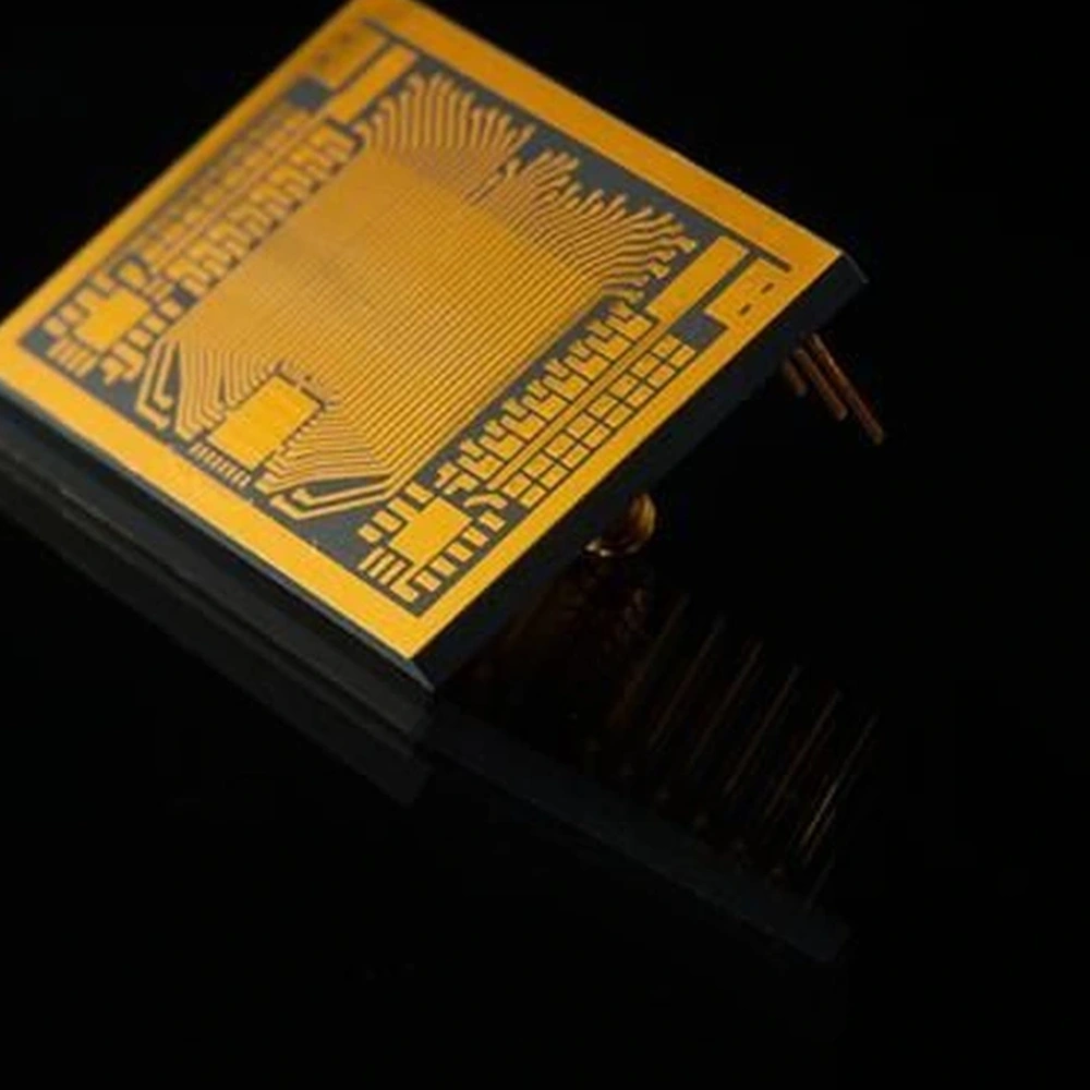 Detail view of alumina HTCC multilayer ceramic package with metallized features