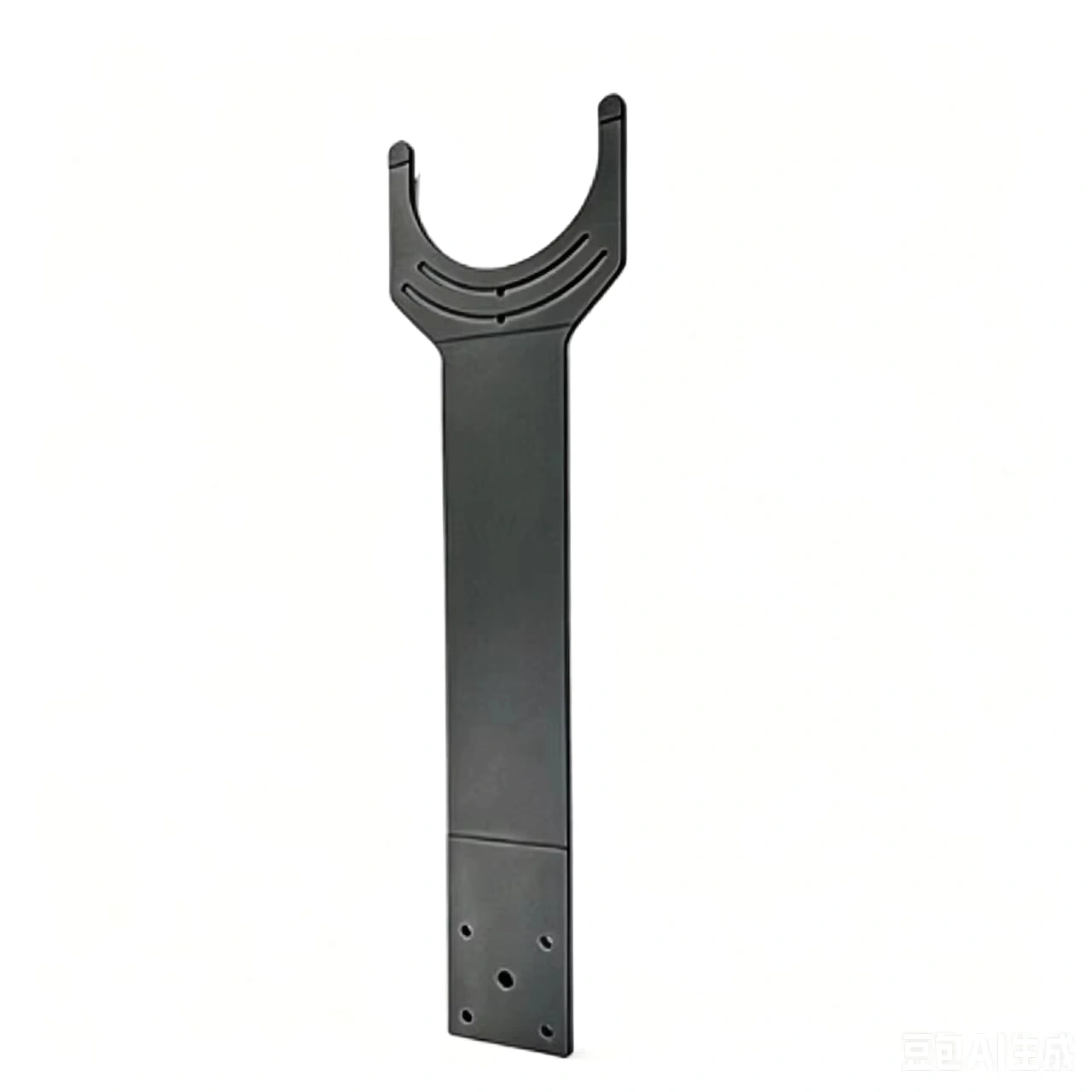 AI product illustration of a vertical ceramic arm with curved slots and mounting holes