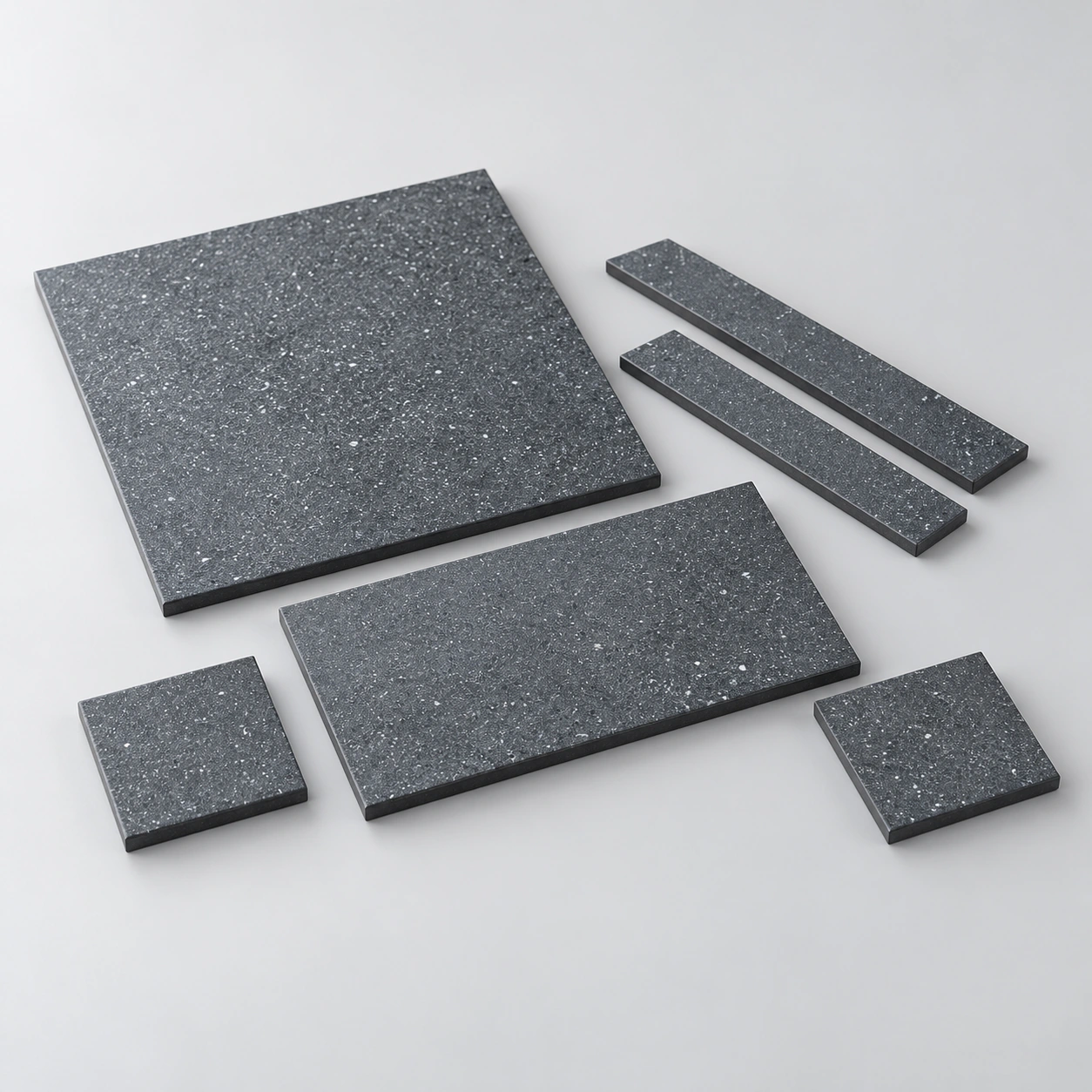 AI-generated concept of six silicon carbide kiln-support pieces in square, rectangular and strip forms