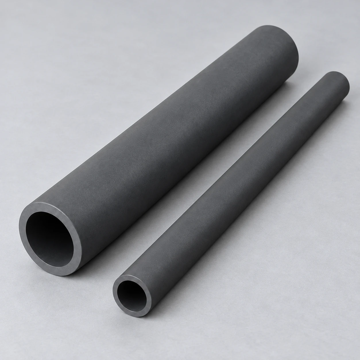 Conceptual family of straight silicon carbide ceramic tubes with visible hollow near ends