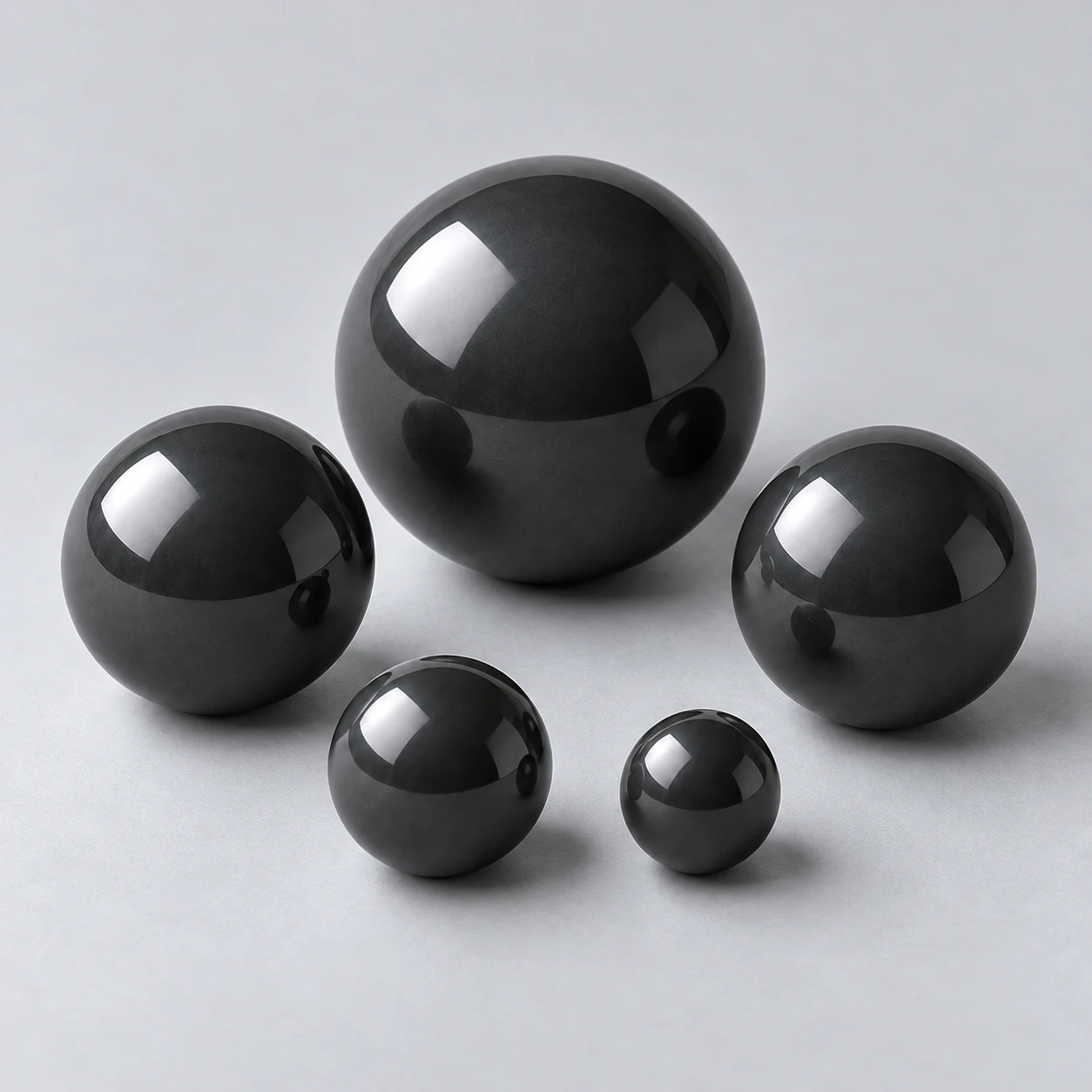 Conceptual family of five silicon nitride bearing balls in different relative sizes
