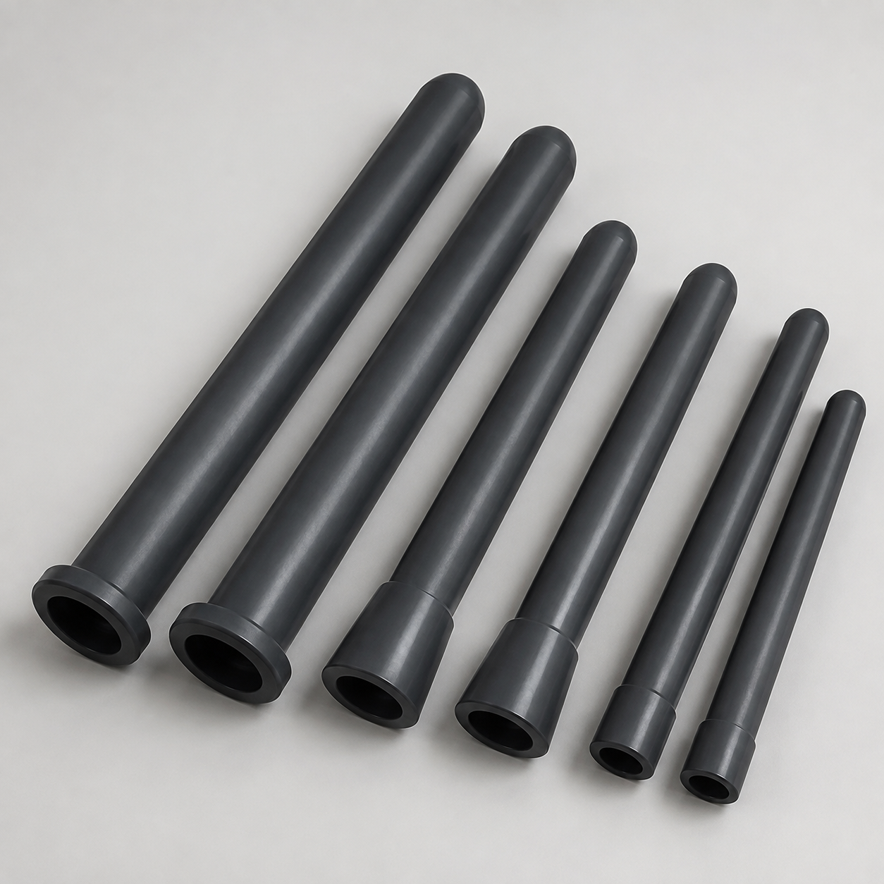 Six silicon nitride heater protection tubes in different lengths and diameters