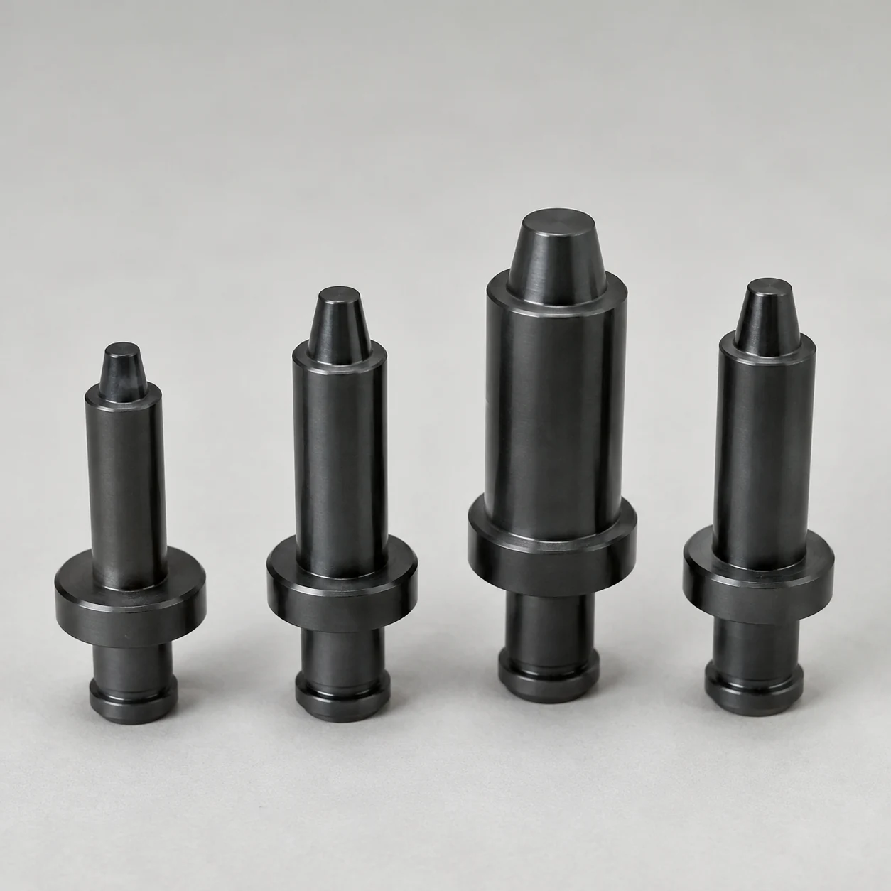 Four silicon nitride positioning pins in representative precision sizes
